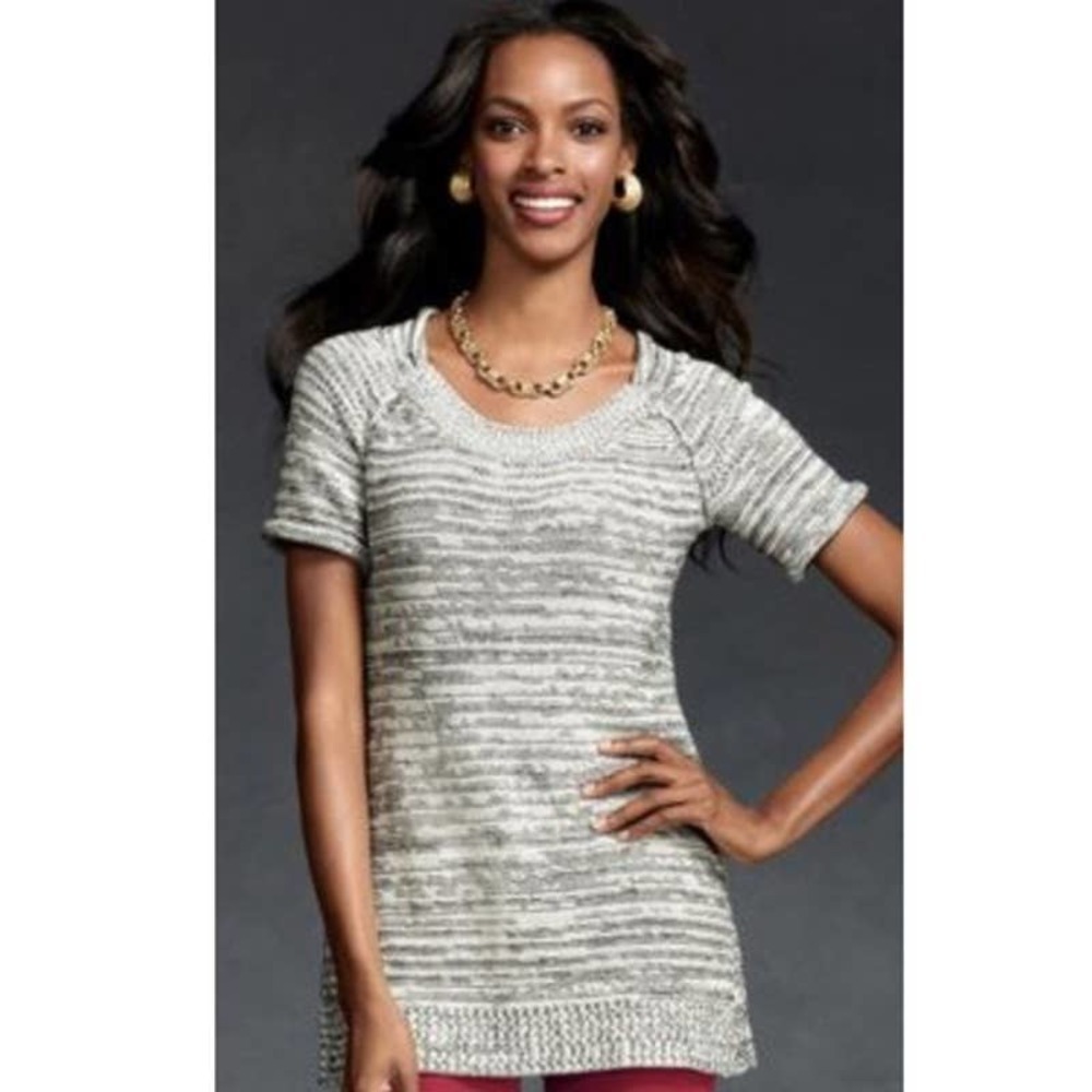 Cabi Sweater Size Med Scoop Neck Short Sleeve Knit Pullover Tunic Marled Gray